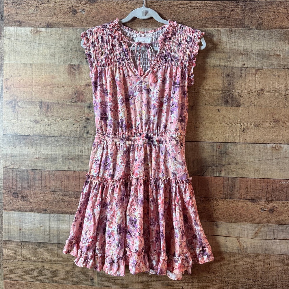 Dear John Pink‎ Floral Tiered Mini Dress XS Smocked Cottagecore - Picture 14 of 16